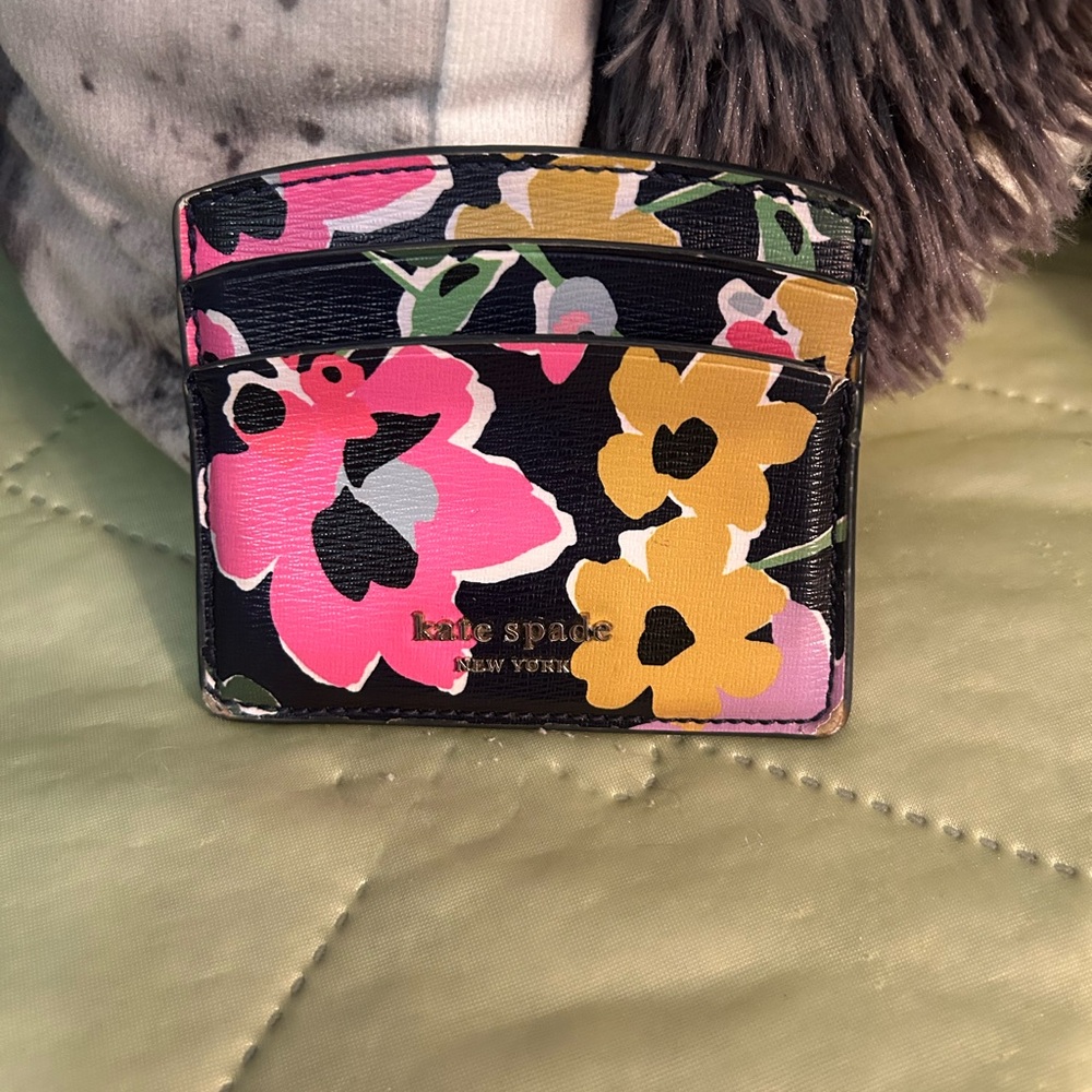 kate spade Black Floral Card Holder with Pink & Yellow Blooms